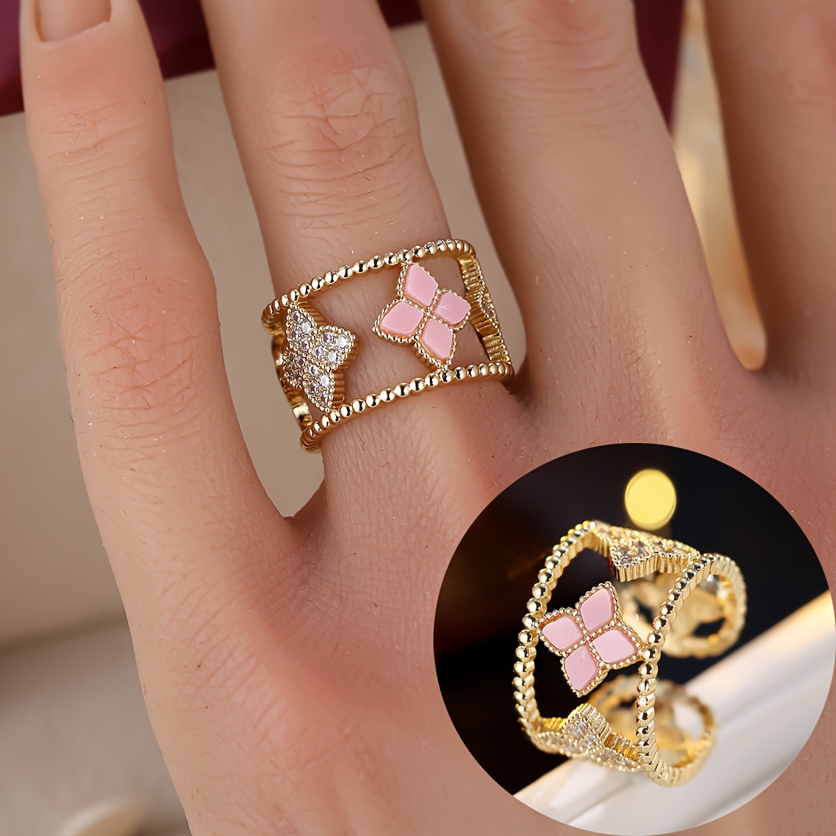Classic Elegant Floral Shaped Hollow Double Ring for Women
